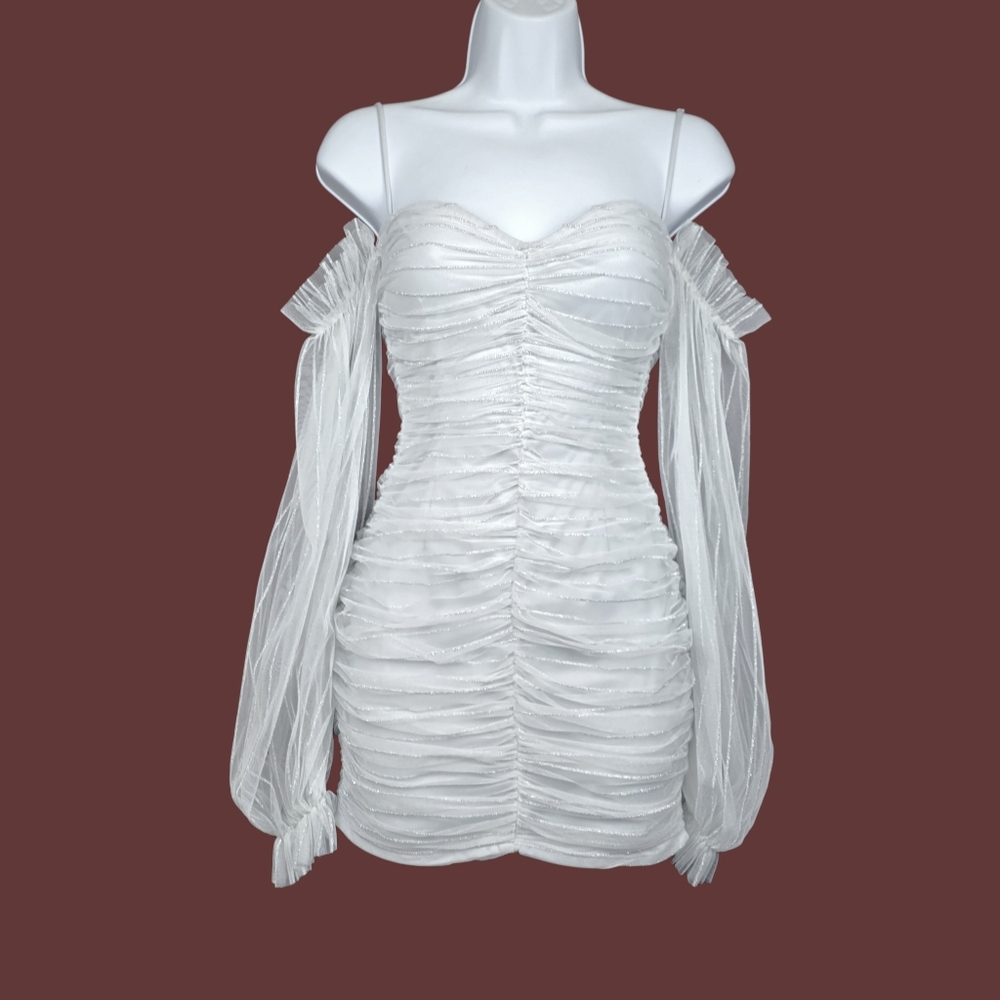 Lucy In The Sky Womens Silver Mesh Ruched Draped Mini Dress Size XS